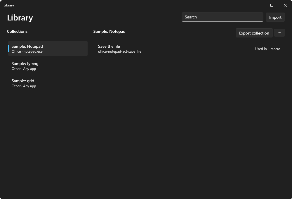 The Library window with the collection Sample: Notepad and its component Save the file