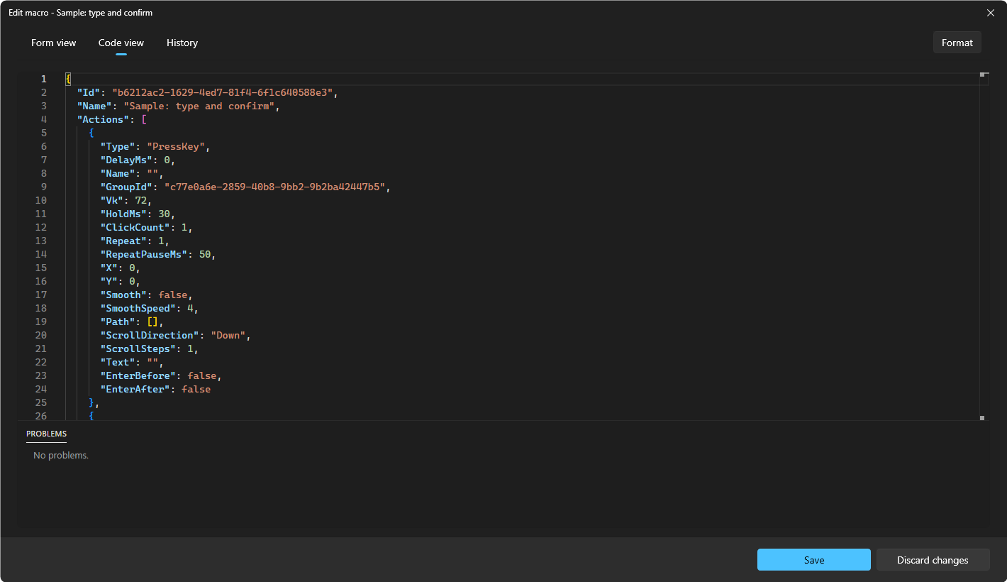 The Edit macro window in Code view, with the macro's JSON and the Problems panel