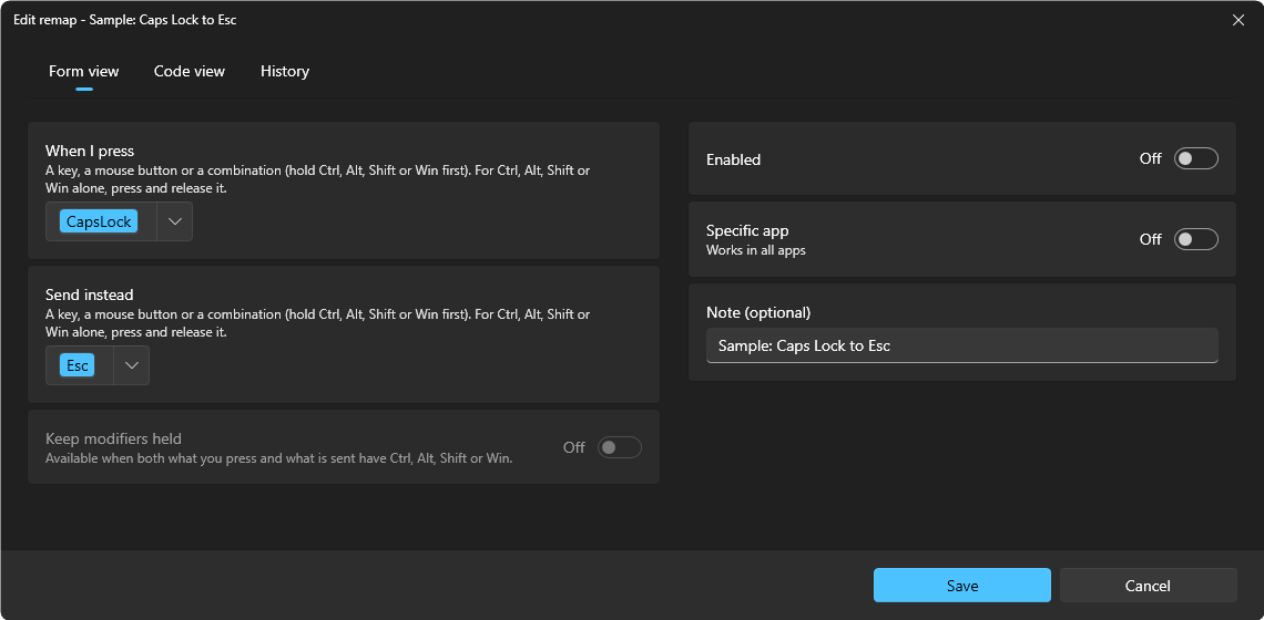 The Edit remap window: Caps Lock sends Esc in all apps