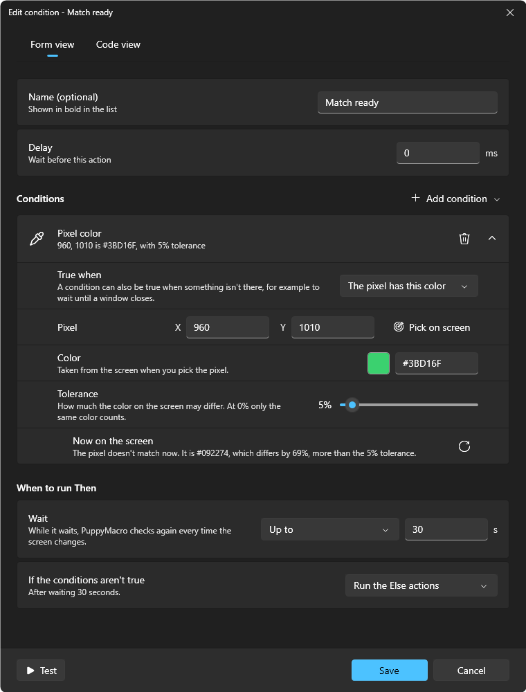 The condition window of an If with a Pixel color condition that waits up to 30 seconds