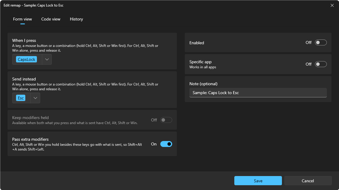 The Edit remap window: Caps Lock sends Esc in all apps